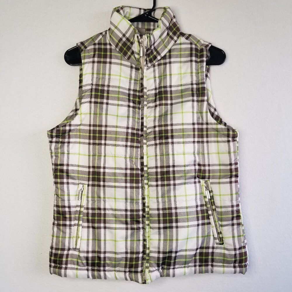 Jane Ashley Brown, White, Green Plaid Puffer Vest Quilted Jacket M